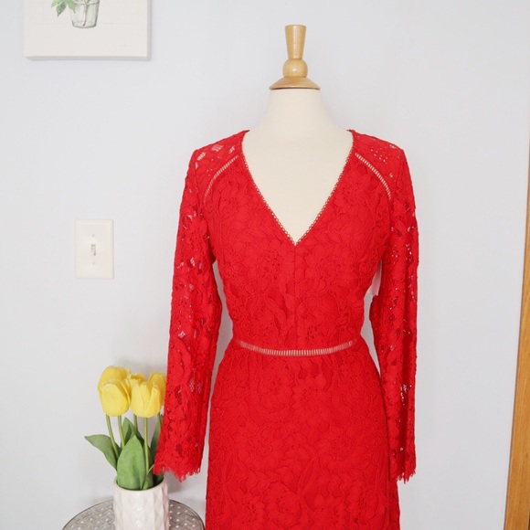 Monique Lhuillier Embroidered Red Lace Dress Sz12 - Picture 2 of 7